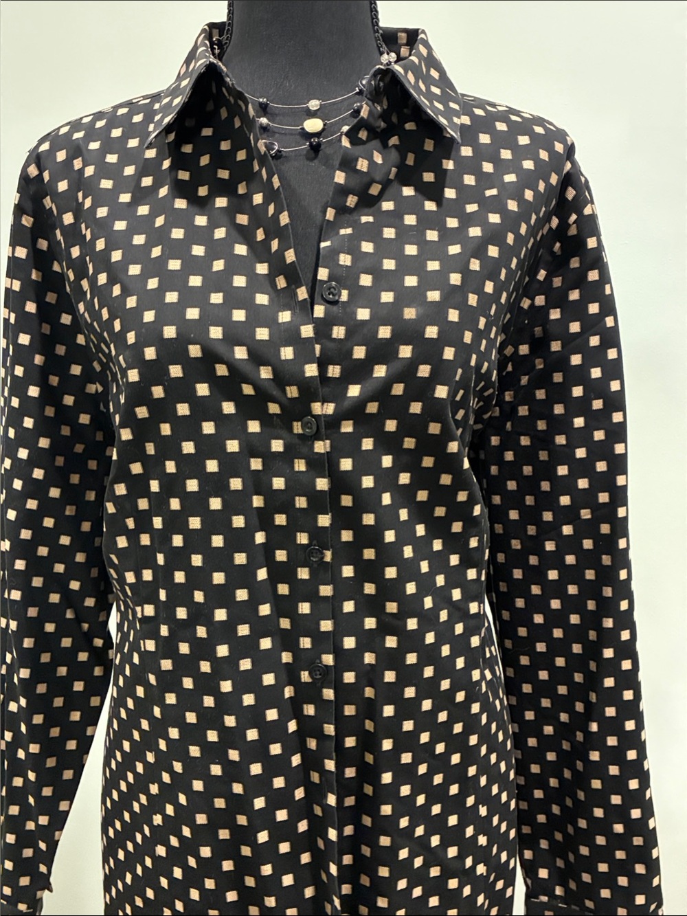 Chico's Black Button-Down Shirt with Cream Square Print